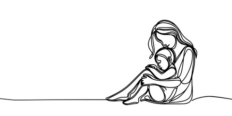 Happy Mother day card. Continuous one line drawing. Woman hold her baby. Vector illustration