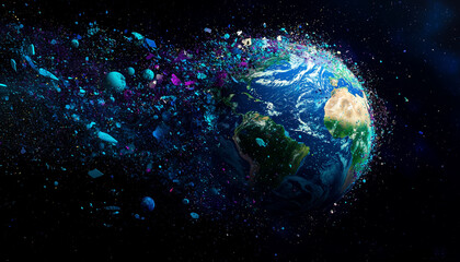 Fototapeta premium A vibrant depiction of Earth surrounded by colorful particles in a cosmic backdrop.