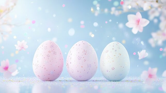Three pink and white Easter eggs are decorated on a light blue background, with shiny confetti, delicate flowers, and a soft defocusing effect, showcasing holiday decorations and elegant products.