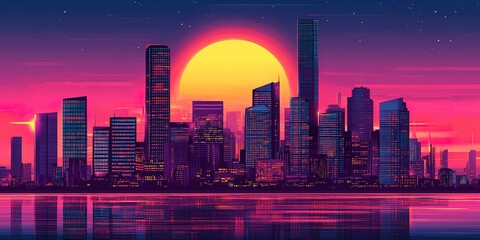 Vibrant sunset over a modern skyline reflecting in calm water of a city at dusk