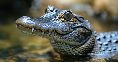 Fototapeta premium Close-Up View of a Unique Reptile with Distinctive Features in Natural Habitat Setting Reflecting Calm Water Surroundings and Intricate Texture Details