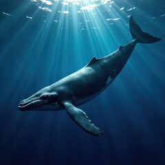 Fototapeta premium Large grey whale silhouette on dark blue ocean background, night, wildlife, dark