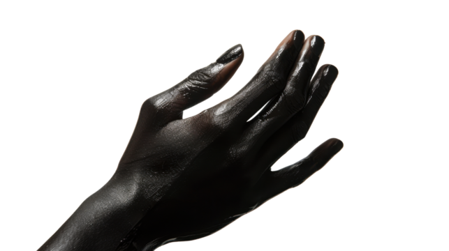 Hand covered in black paint on transparent background