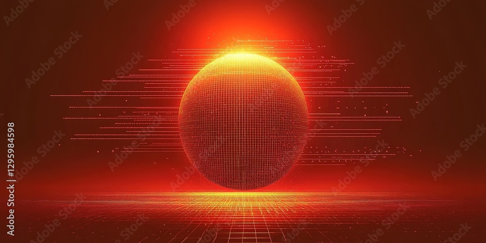 Poster digital representation of a glowing spherical object against a vibrant red background with motion li