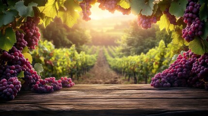 Golden sunlight filters through grapevines, illuminating a picturesque vineyard rich with vibrant purple grapes. Nature's bounty is ripe for harvest in this serene landscape
