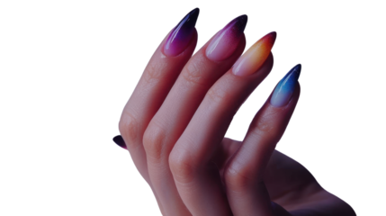Woman hand showing colorful nail art design on transparent background