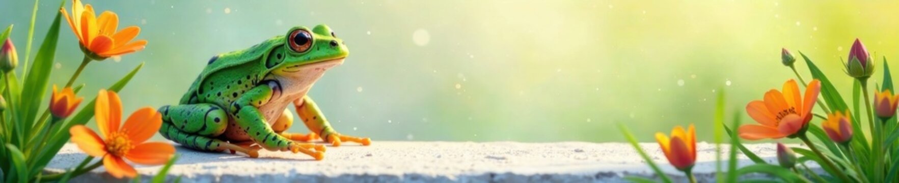 Le grenouille est entour? par un panneau blanc, aquarium int?rieur, fleurs, eau