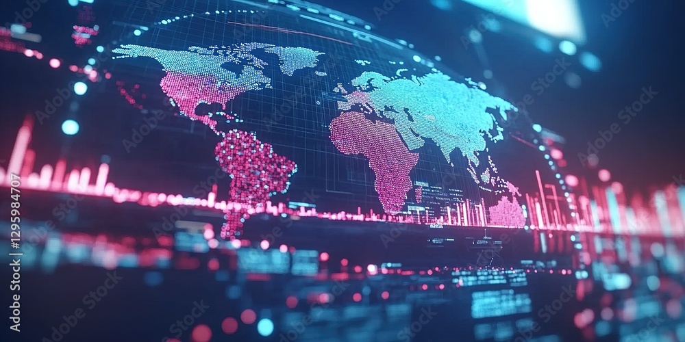 Poster global network visualization displaying interconnected data patterns in vibrant colors