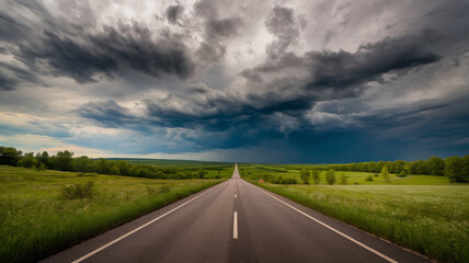 Naklejka premium Stormy Road to the Unknown – A Long, Isolated Highway Stretching into the Horizon, Surrounded by Green Fields Under a Dramatic, Dark Stormy Sky, Evoking Mystery, Anticipation, and a Sense of Adventure