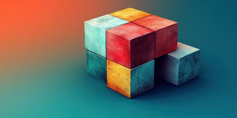 Colorful geometric blocks arranged on a gradient background showcasing unique textures and shadows in a creative composition