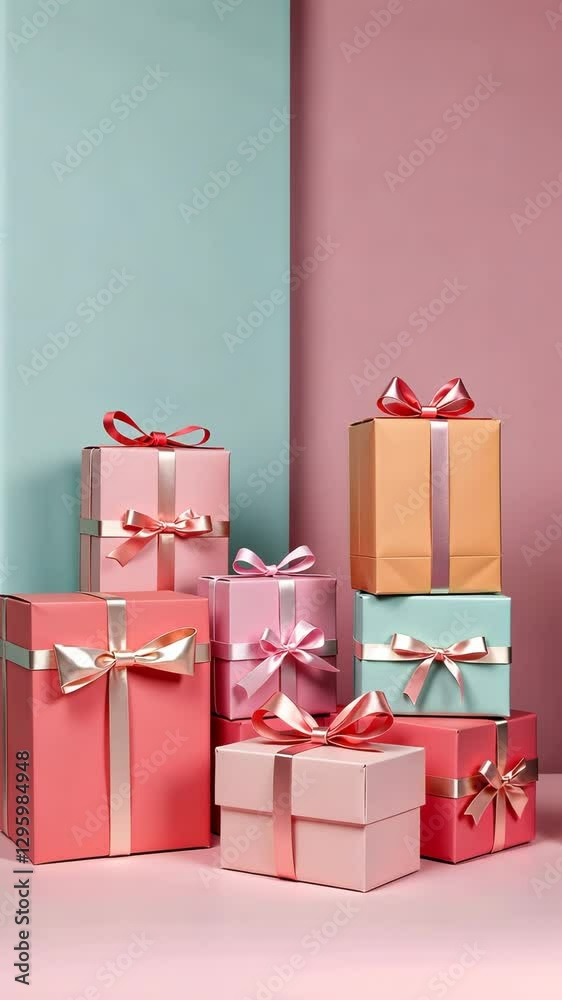 Aufkleber A stack of pink boxes with bows on them. The boxes are stacked on top of each other