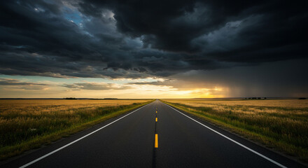 Stormy Road to the Unknown – A Long, Isolated Highway Stretching into the Horizon, Surrounded by Green Fields Under a Dramatic, Dark Stormy Sky, Evoking Mystery, Anticipation, and a Sense of Adventure