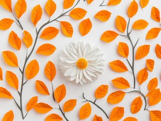 White Paper Flower Surrounded by Orange Paper Leaves on White Background