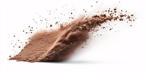 A captivating image of cocoa powder exploding, showcasing its rich brown color and fine texture against a white background.