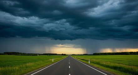 Fototapeta premium Stormy Road to the Unknown – A Long, Isolated Highway Stretching into the Horizon, Surrounded by Green Fields Under a Dramatic, Dark Stormy Sky, Evoking Mystery, Anticipation, and a Sense of Adventure