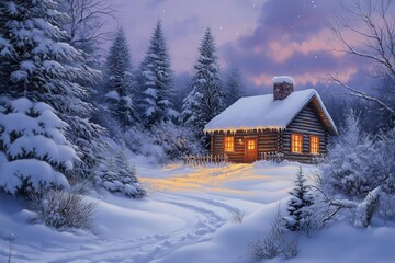 cozy cabin nestled in snow-draped pine forest, warm orange firelight spills from windows, crisp white drifts, twilight purple sky, rustic winter peace.