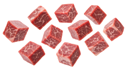 Isolated Floating Cubes of Marbled Raw Beef