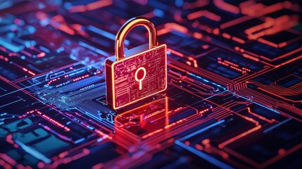 A glowing padlock sits atop a digital circuit board, symbolizing cybersecurity and data protection in a vibrant, high-tech environment.