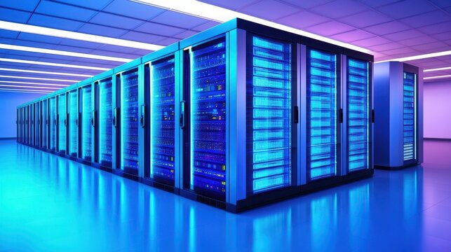 A high-tech server room featuring rows of data servers illuminated by blue lighting, showcasing modern technology and professional infrastructure. - Powered by Adobe