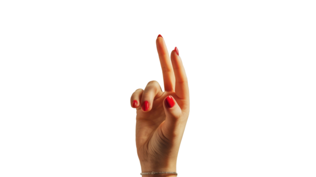Woman hand gesturing with two fingers up on transparent background