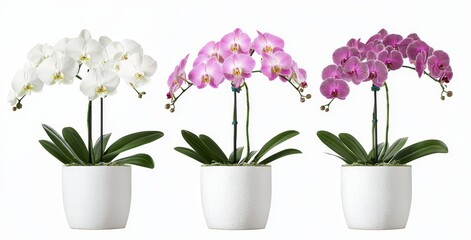 Obraz premium Orchid Pot Displaying Beautiful White Pink and Purple Blooms on White Background