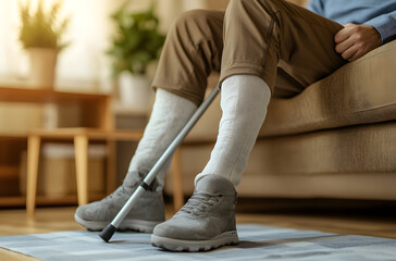 Man with leg cast and walking cane relaxing at home, rehabilitation after injury