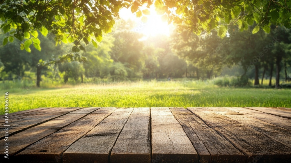 Poster golden sunlight streams through leafy branches, casting gentle shadows on a weathered wooden tableto