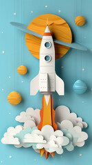Paper art style rocket launching with planets on blue background.