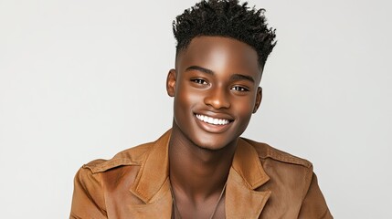 Obraz premium A young man with a short haircut and a brown jacket is smiling
