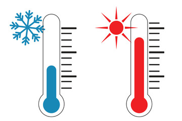 Hot and Cold Temperature Thermometer Icons with Sun and Snowflake