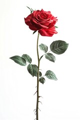 A striking red rose with detailed petals and vibrant green leaves on a white background.