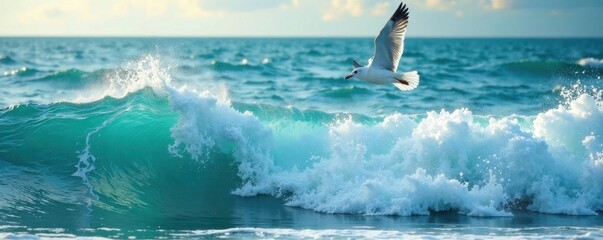 majestic seagull soaring above crashing ocean waves with spray , water, movement, ocean