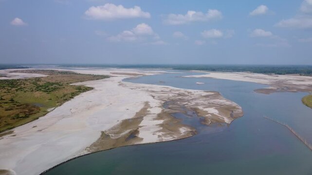 Torsa River near Cooch Behar in winter flows through China, Bhutan, India, and Bangladesh, West Bengal, Aerial shot
