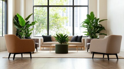 Modern Living Room with Plants and Natural Light in Aesthetically Designed Space