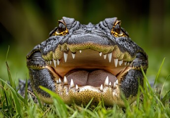 Fototapeta premium Close-Up View of Alligator Head with Prominent Teeth and Intense Eyes in Natural Habitat Surrounded by Lush Green Grass