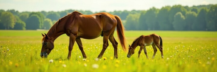Obraz premium Mare and foal grazing in meadow, landscape, fields, pasture