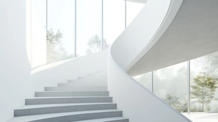 Modern spiral staircase, white architecture, city views