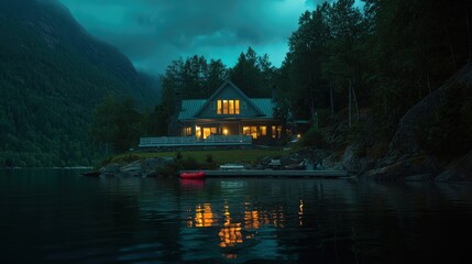Fototapeta premium A serene lake house surrounded by nature during dusk hours