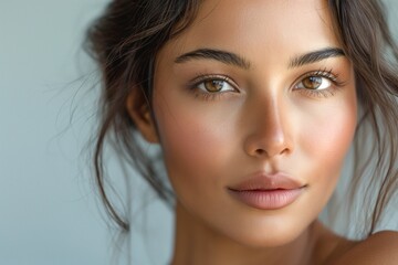 Fototapeta premium Close-up of a young woman with light brown skin and mesmerizing brown eyes, showcasing natural beauty and a serene expression.