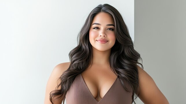 A woman with long hair and a large bust is smiling for the camera