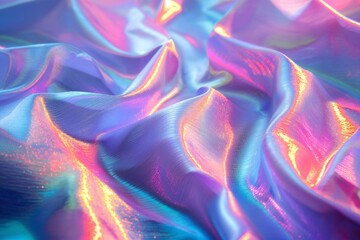 Obraz premium Close-up of shimmering iridescent fabric with flowing waves in shades of blue, pink, and purple.