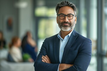 Fototapeta premium Confident South Asian male professional in smart attire, smiling with arms crossed, in a modern office environment.
