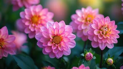 Fototapeta premium Lush pink dahlias bloom vibrantly in a garden, showcasing intricate petal layers and a rich green backdrop.