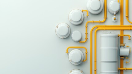A yellow and white industrial pipe system with a white background