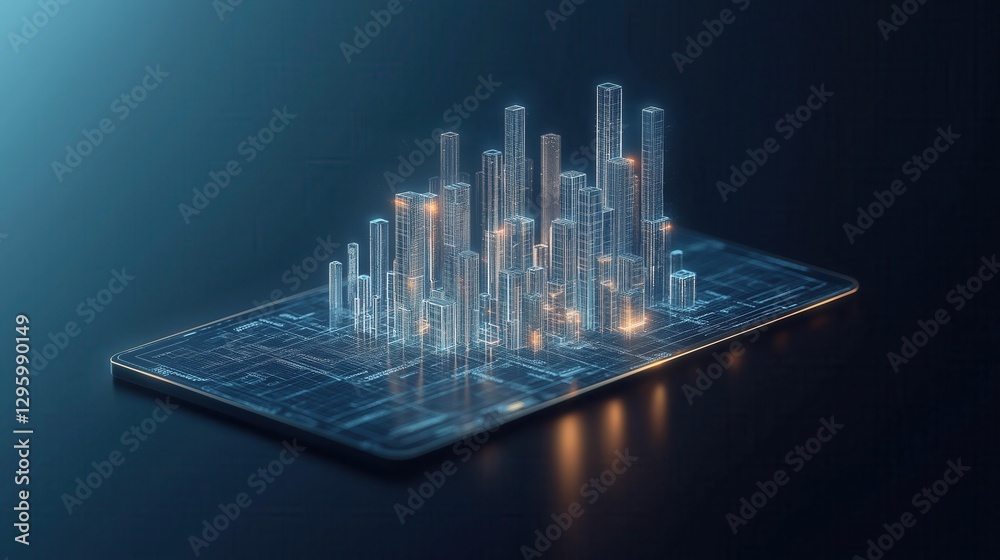 Poster a computer screen shows a cityscape with buildings and a skyline