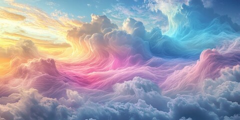 Obraz premium A vibrant, dreamy sky filled with colorful clouds in shades of pink, blue, and gold, creating a surreal and peaceful atmosphere.