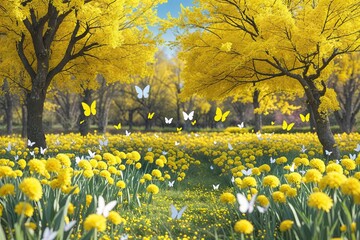 Obraz premium Bright Yellow Spring Landscape with Butterflies for Joyful Celebrations