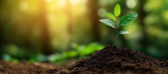 New sprout emerging from soil in forest