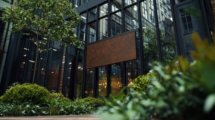 Fototapeta premium Modern Urban Courtyard with Vertical Garden and Blank Signboard