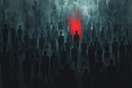 dense crowd of shadowy figures in muted grays, a lone crimson silhouette glowing under a stark spotlight, jagged digital cracks beneath, evoking insider threats and tension.
